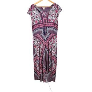 Lucky Brand Womens Pink Floral Midi Dress Size XL V-neck Tassel Summer Bohemian